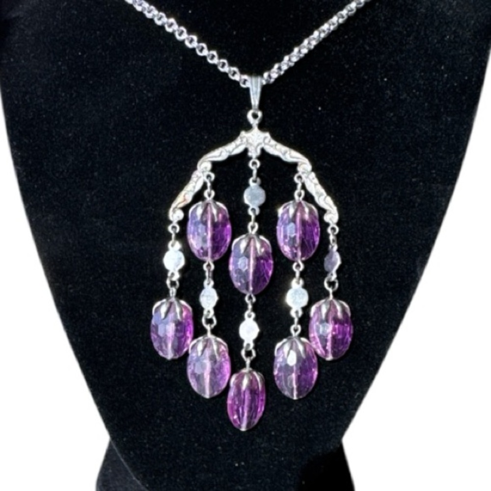 Sarah Coventry 70s Wisteria Silver Tone Necklace Waterfall Pendant Violet Beads - Picture 5 of 6